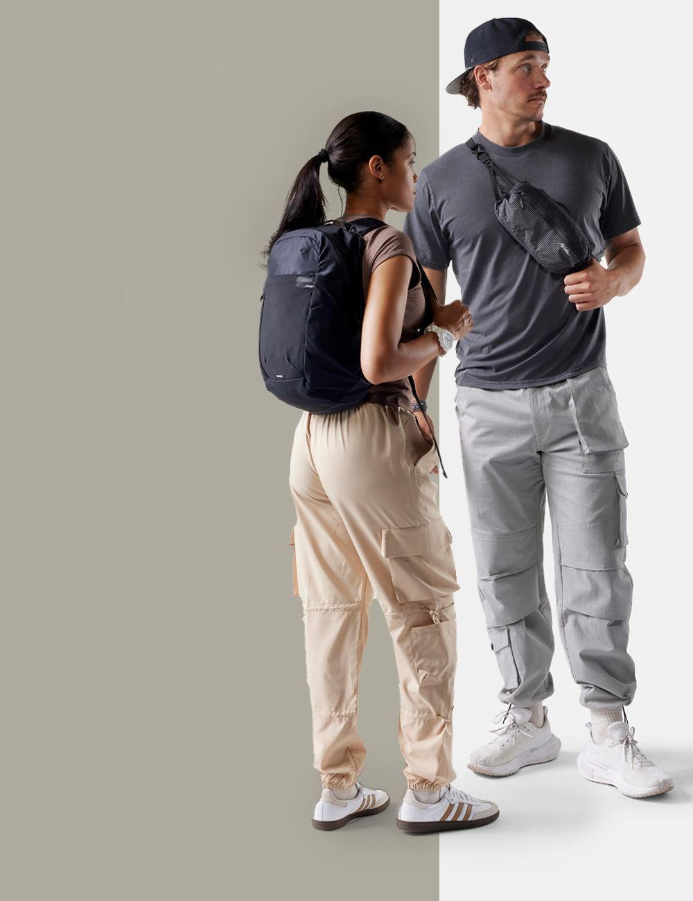 models with backpacks on tan and white background