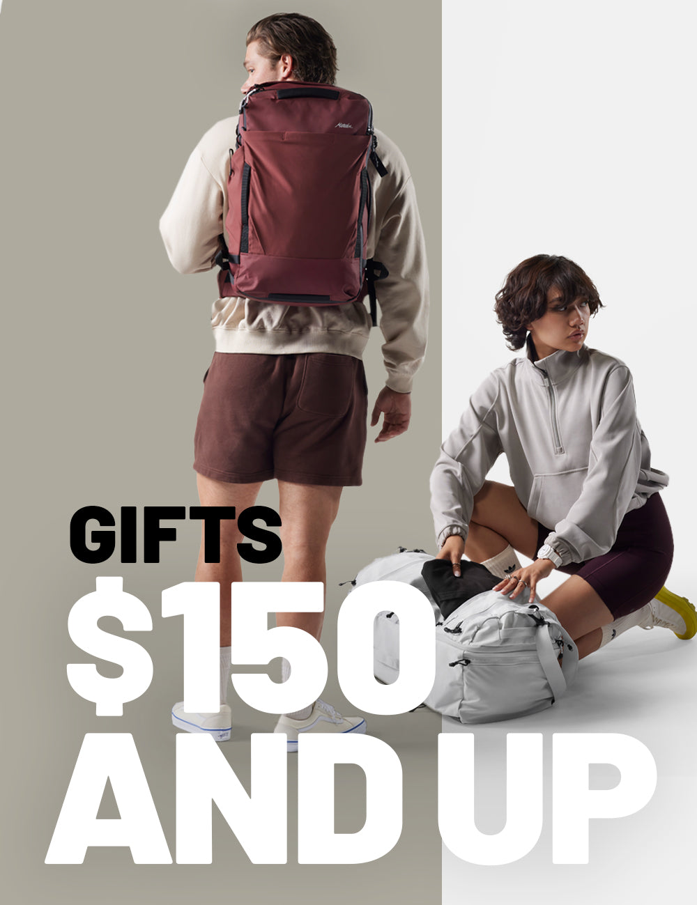 people wearing matador bags on tan and with background with text that reads "gifts $150 and up"
