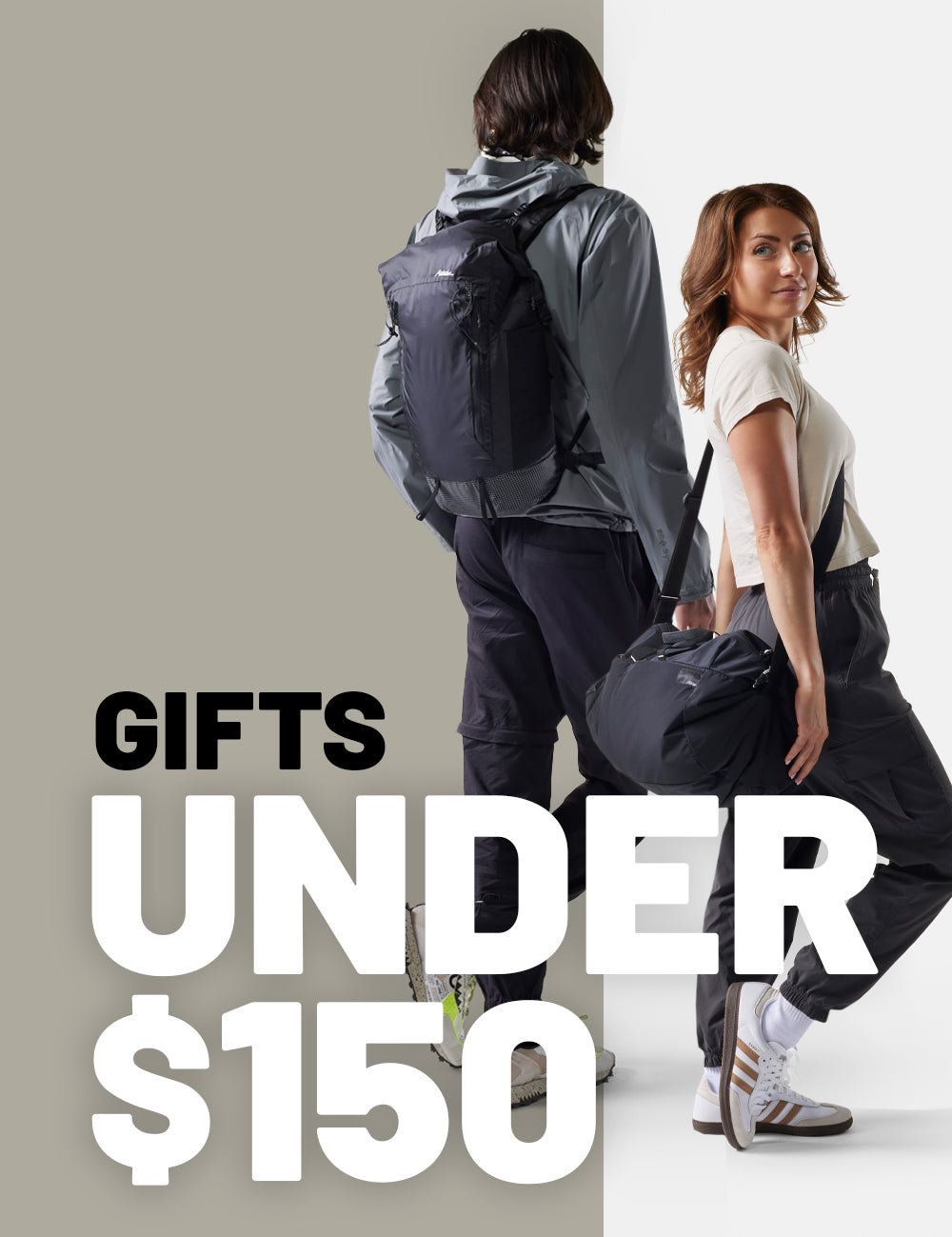 people wearing matador bags on tan and with background with text that reads "gifts under $150"
