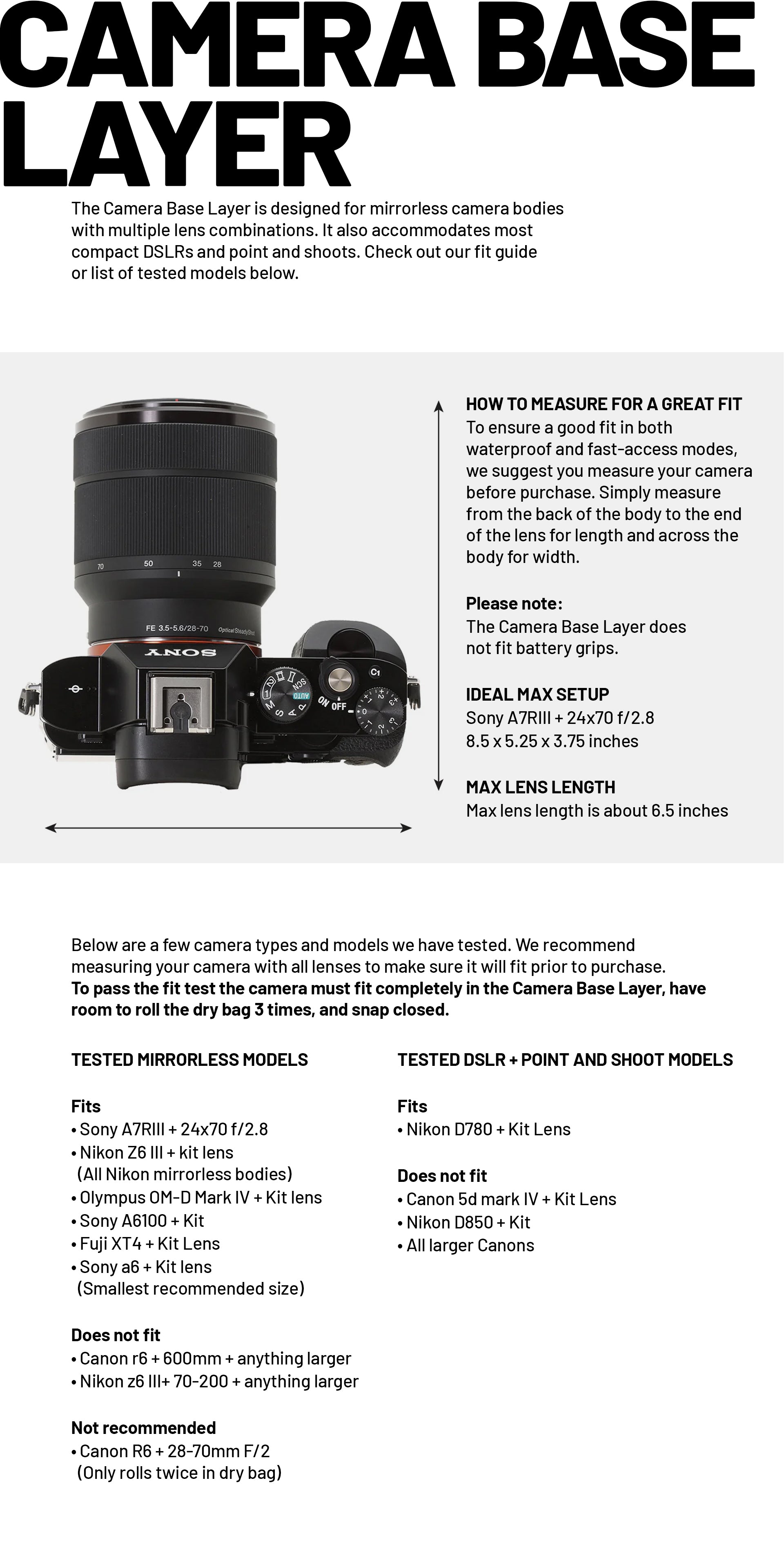 Camera base layer product description with lens and camera illustration on a white background