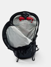 Black backpack with open front compartment on a white background