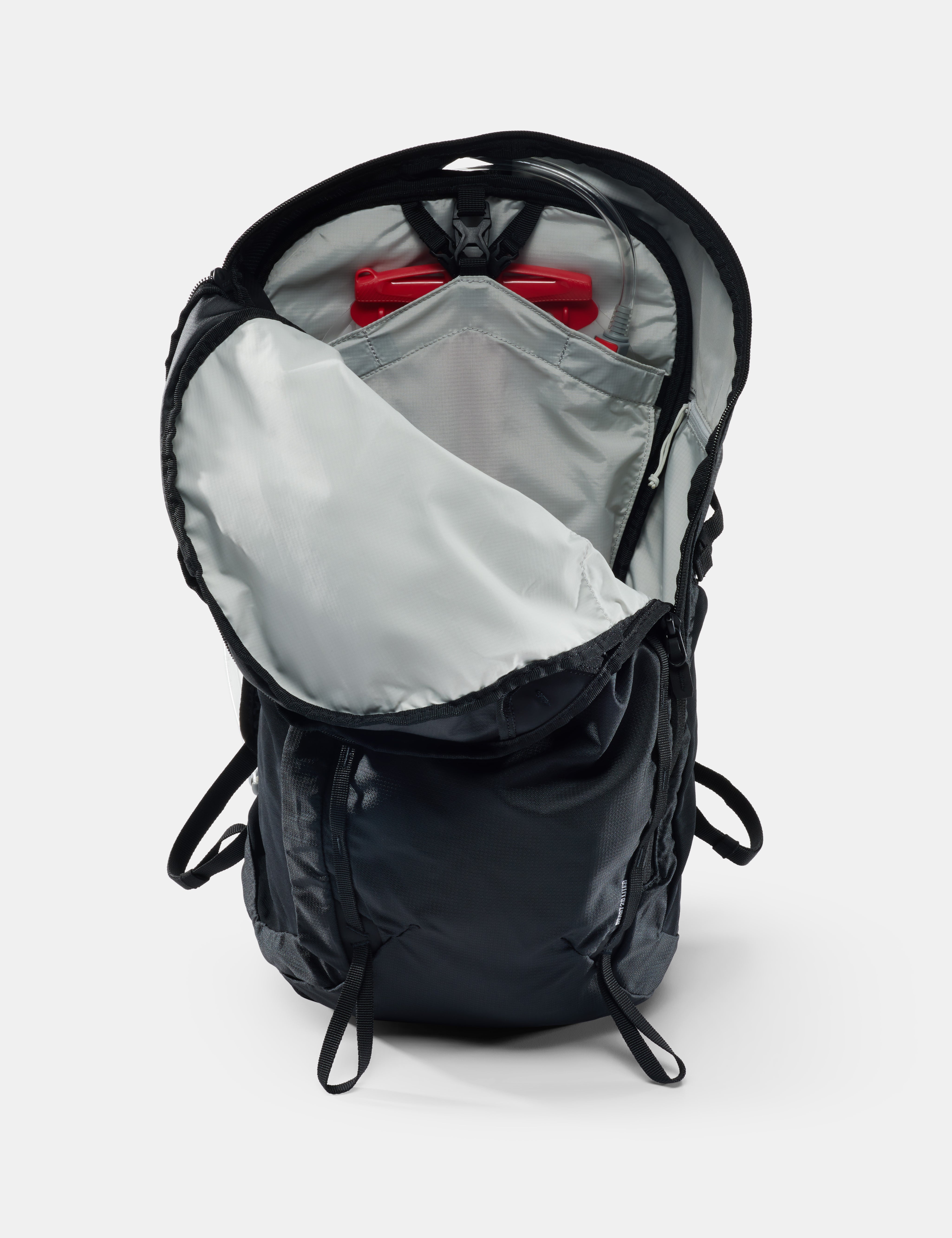 Black backpack with open front compartment on a white background