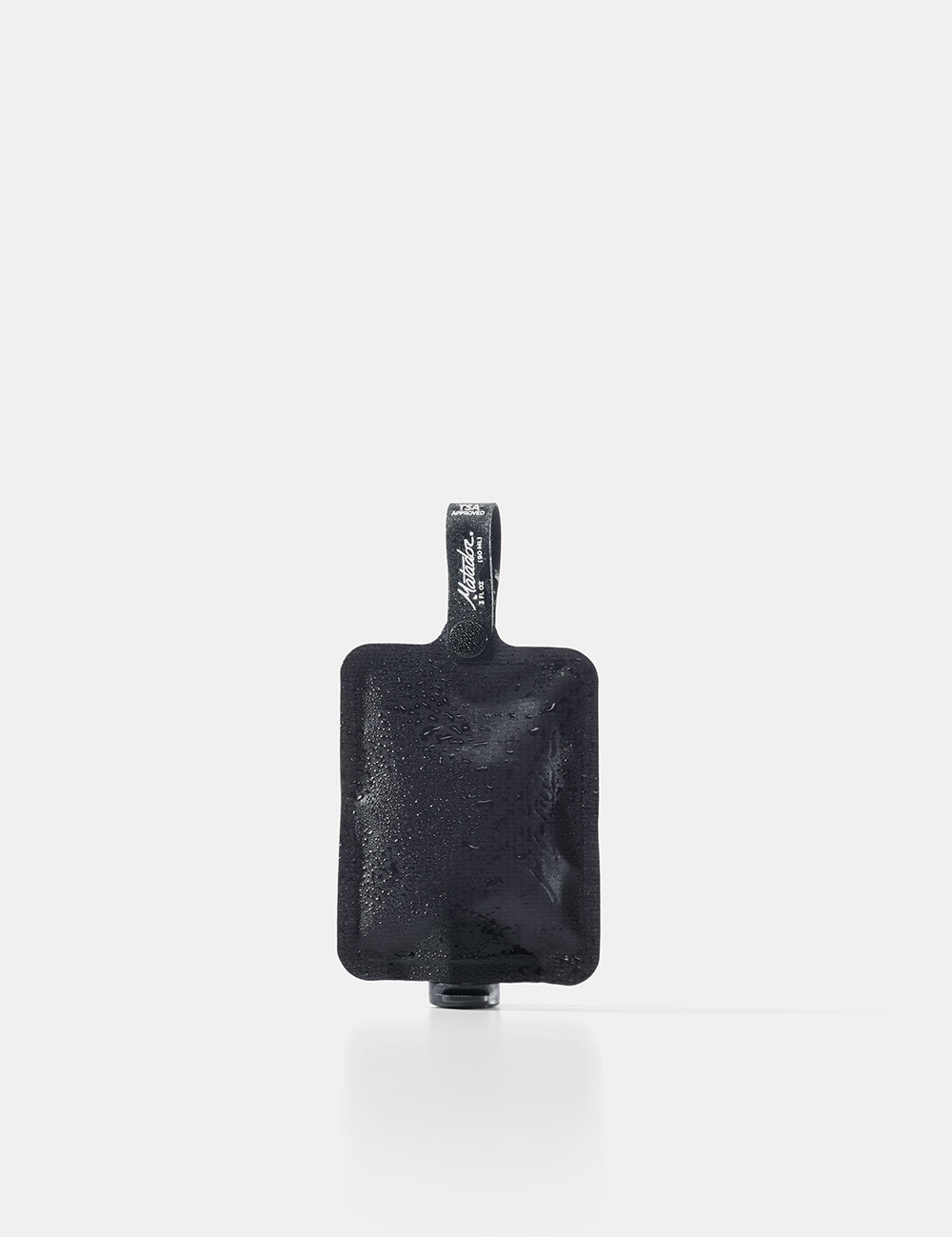 Black toiletry bottle with a strap on a white background