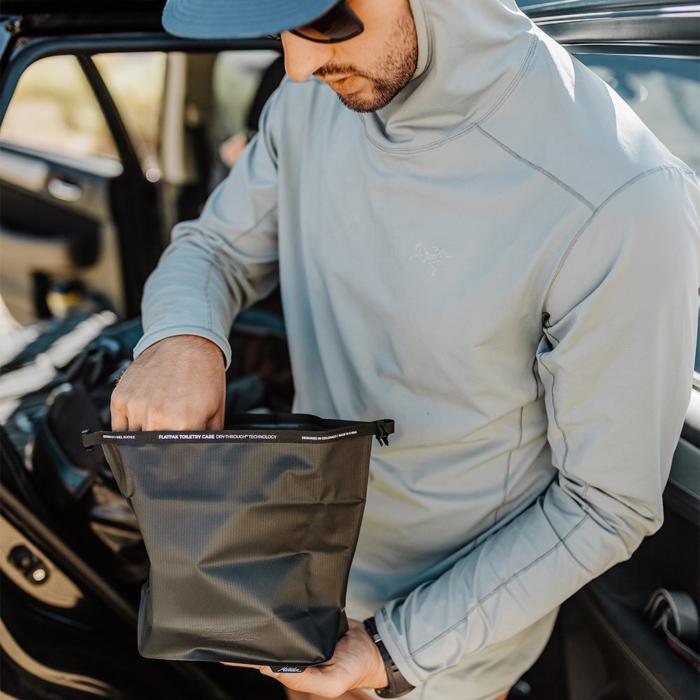 Man placing something in his toiletry case