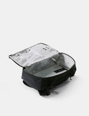 Black backpack with open compartment on a white background