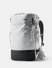 White backpack with black accents on a white background