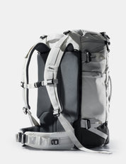 Gray backpack with multiple straps on a white background