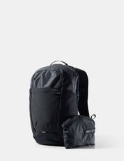 Black backpack with a smaller black pouch on a white background