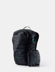 Black backpack with teal accents on a light gray background