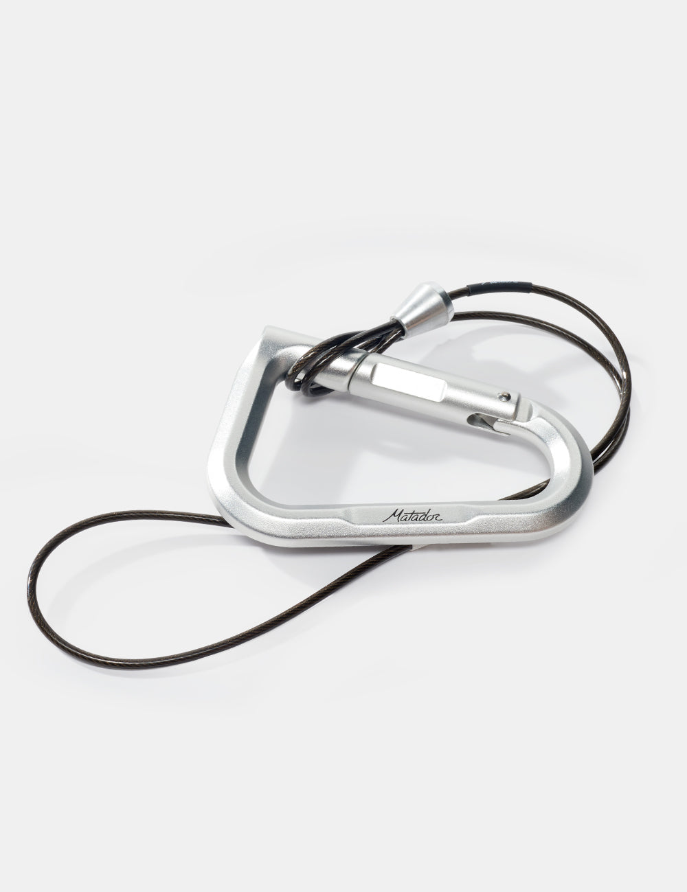 Silver carabiner with a black cord on a white background