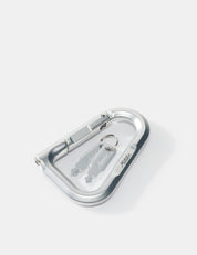 Metallic carabiner with a keychain on a white background