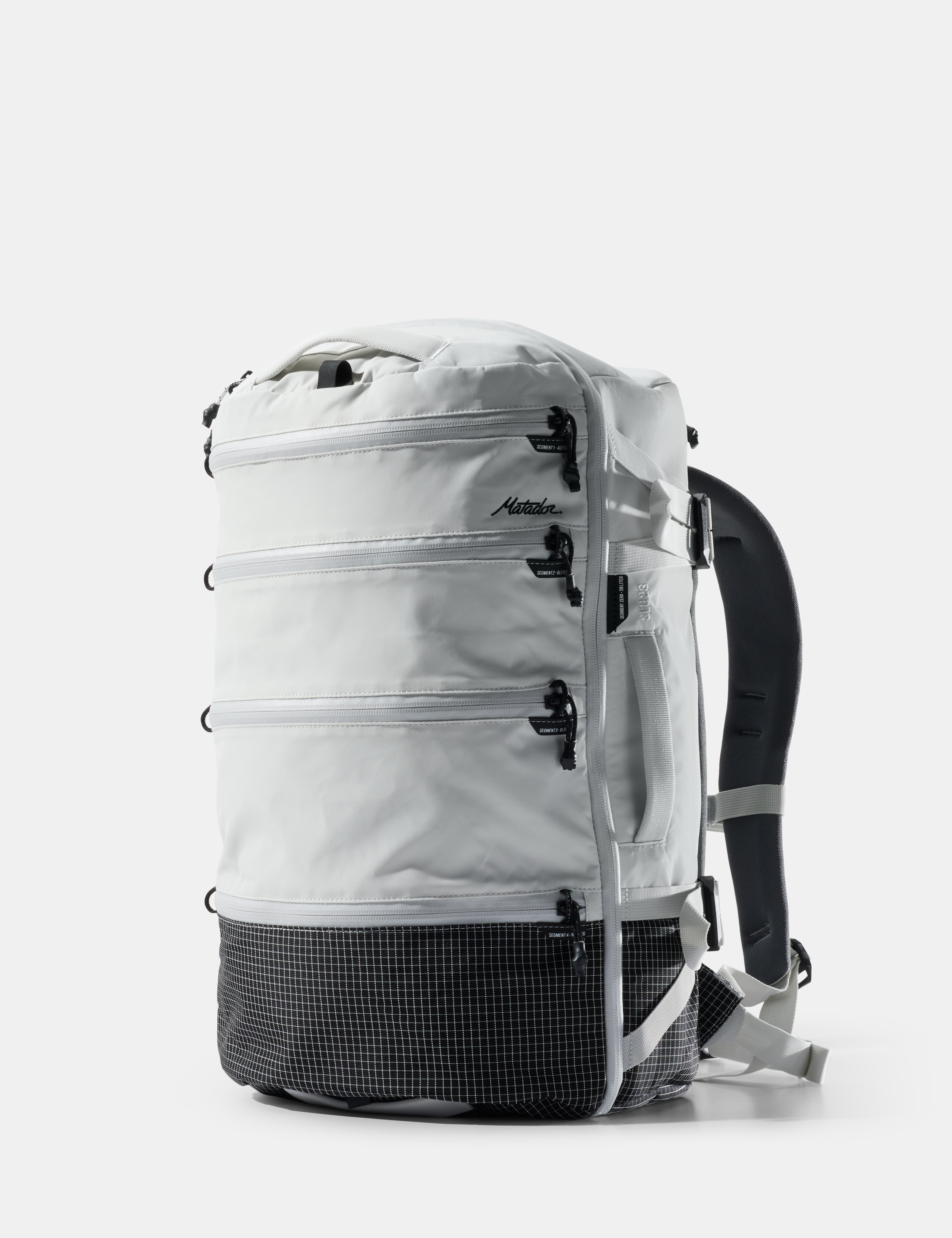 White backpack with black accents on a light gray background