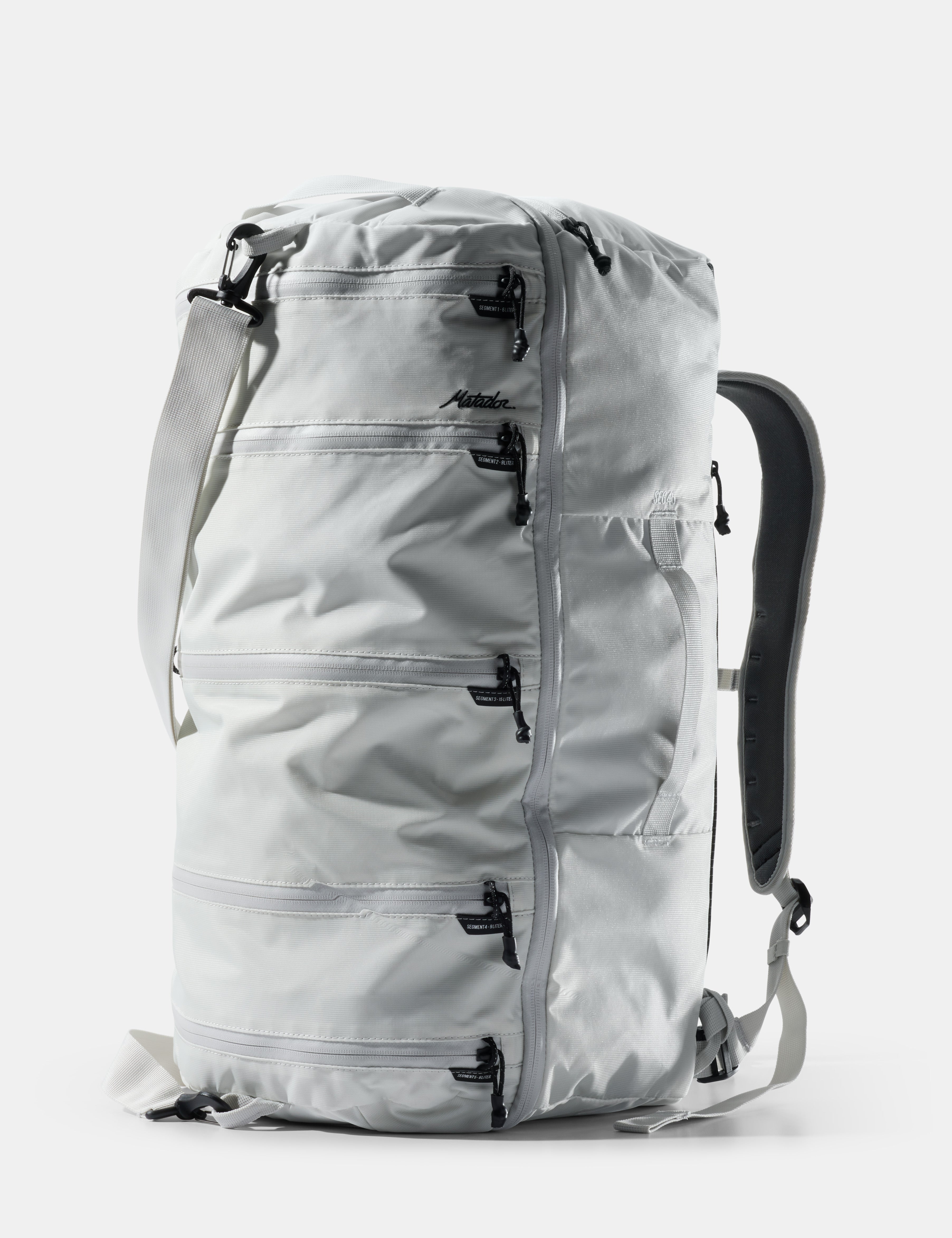 Light gray backpack with multiple zippers on a white background