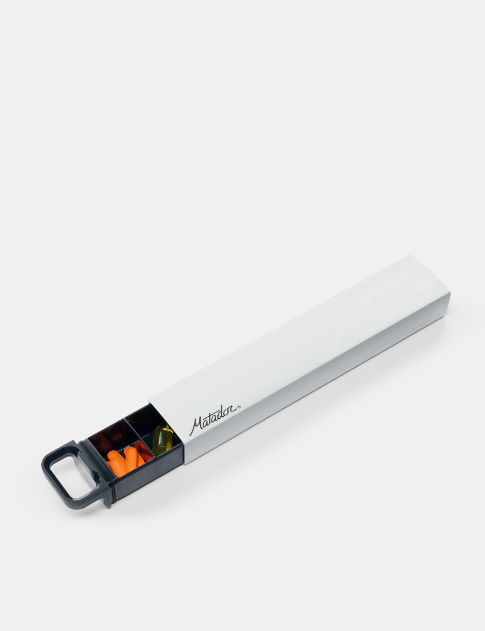 Rectangular white pill organizer with black base on a white background
