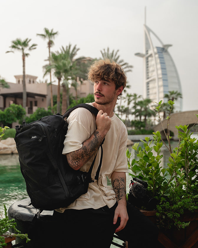 person wearing a GlobeRider35 travel backpack in Dubai