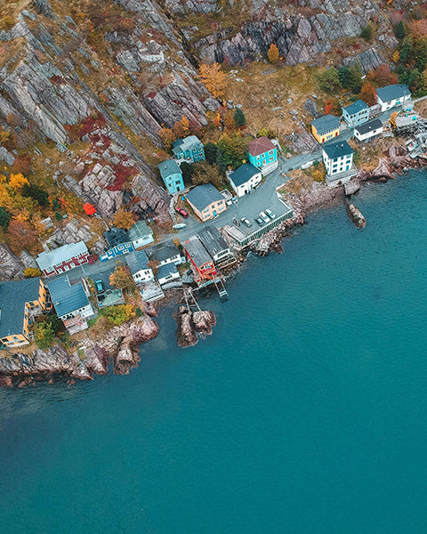 Aerial shot of houses on the coast in St. John&#39;s, Canada 