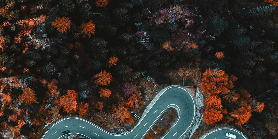 Aerial shot of cars traveling on a winding road surrounded by fall foliage