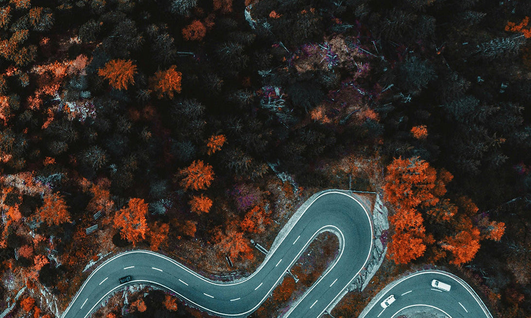 Aerial shot of cars traveling on a winding road surrounded by fall foliage